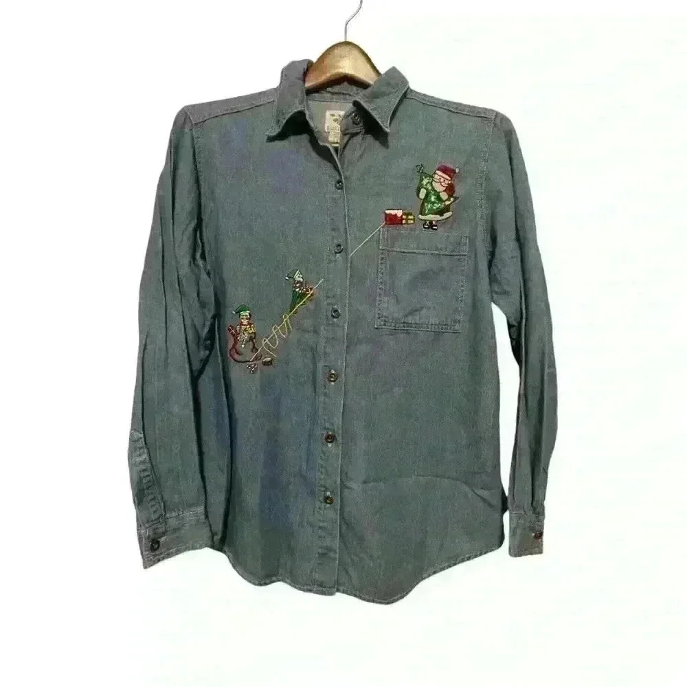 Nutcracker Christmas Denim Embroidered Christmas Shirt Size Small Santa’s Sleigh